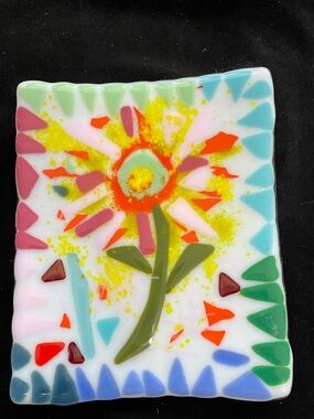 “Vibrant Bloom“ Fused Art Glass  Art Handmade 8.5”x7” Rectangular Floral Design